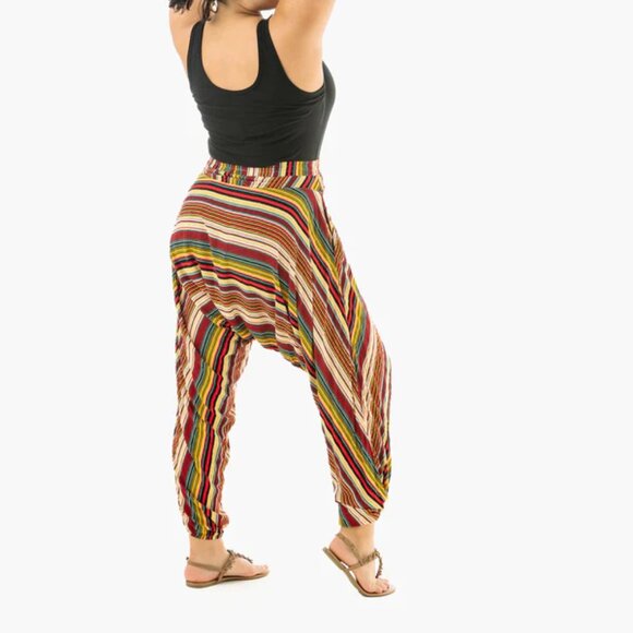 Buddha Pants Unisex Drawstring Boho Hippie Stripe Savannah Harem Pants Red - Picture 2 of 13